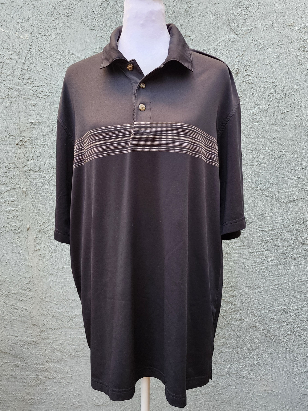Pebble Beach Performance Golf Polo Shirt Black Tan Geo Chest Stripe [L]